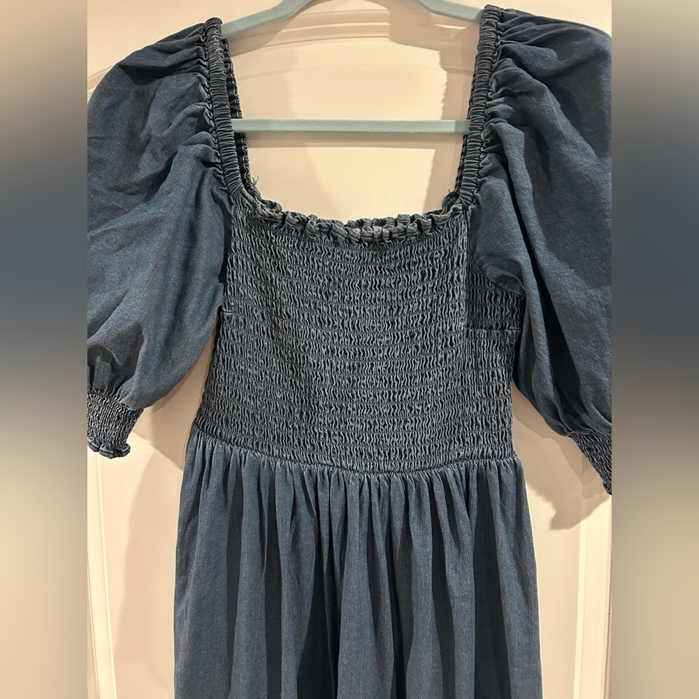 NEW I.N.C INC Macy’s denim blue maxi midi dress puff sleeves ruched ruffle XS